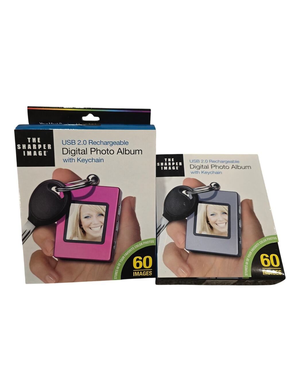 NEW Bundle of 2 The Sharper Image Pink & Gray Digital Photo Keychains
